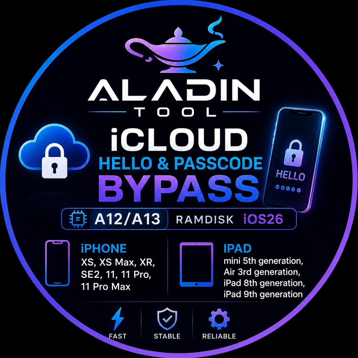 #7946 Aladin Tool iCloud Hello & Passcode Bypass A12/A13 Ramdisk IOS26 iPhone XS, XS Max, XR, SE2 11, 11 Pro, 11 Pro MaxiPad mini 5th generation, Air 3rd generation, iPad 8th generation, iPad 9th generation