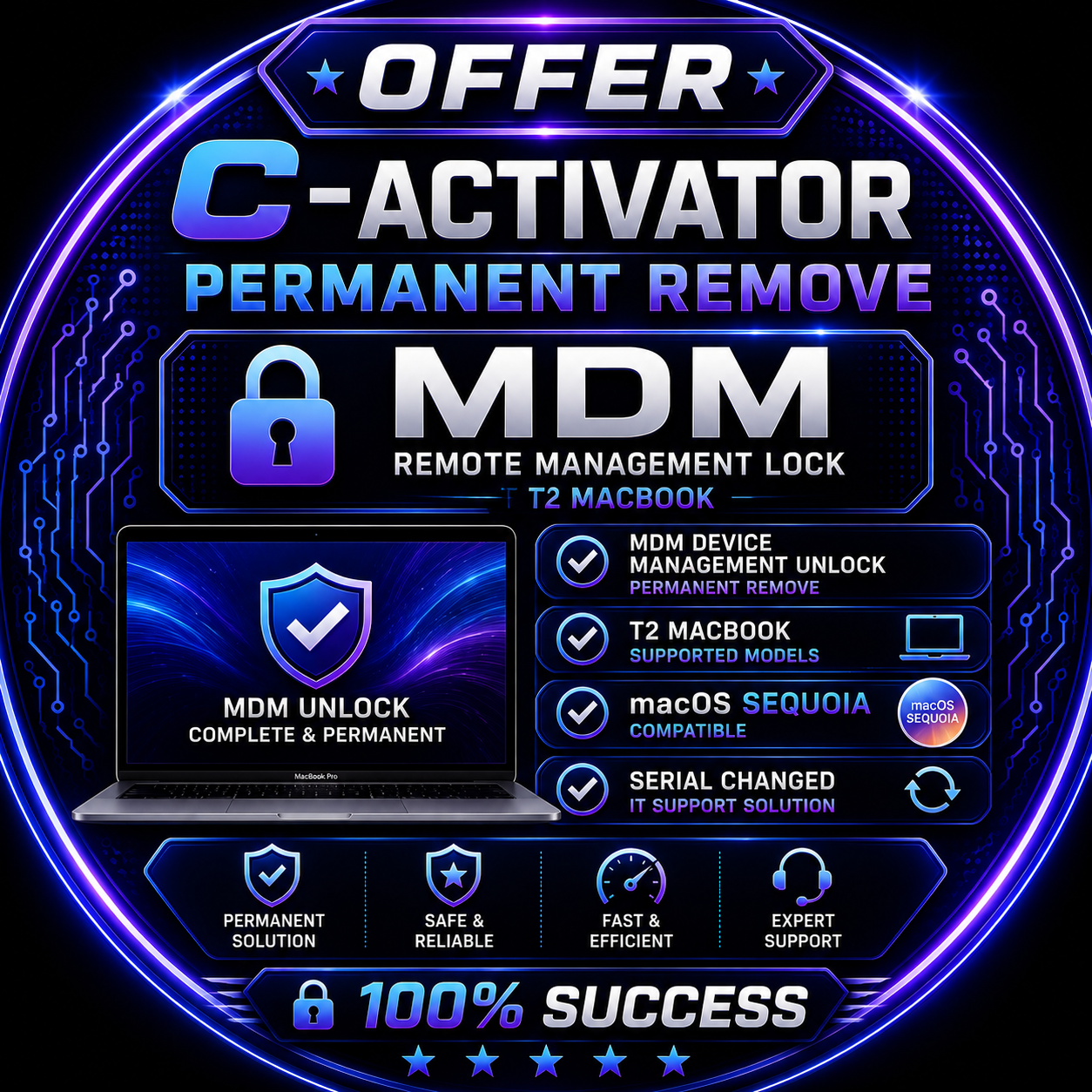 C-Activator  Permanent Remove MDM Remote Management Lock T2 MacBook MDM Device Management Unlock MacOS Sequoia ( Serial Changed )