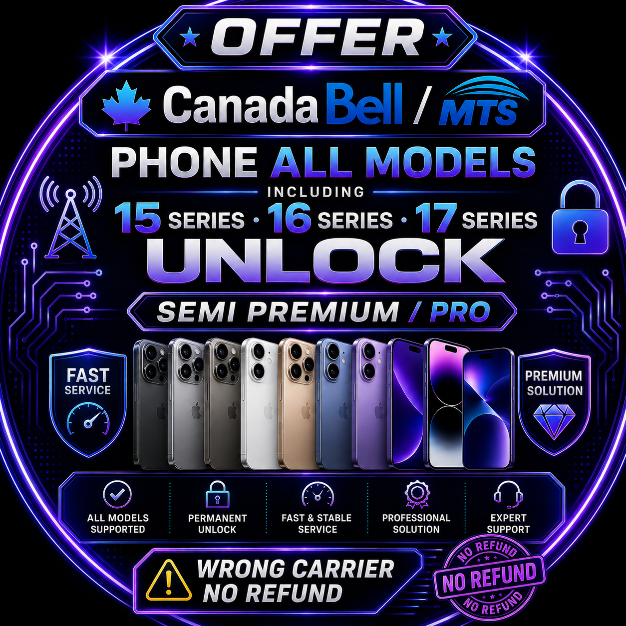 Canada Bell / MTS - Phone All Models Including 15 Series  16 Series  17 Series Unlock ( Semi Premium / PRO ) WRONG CARRIER NO REFUND