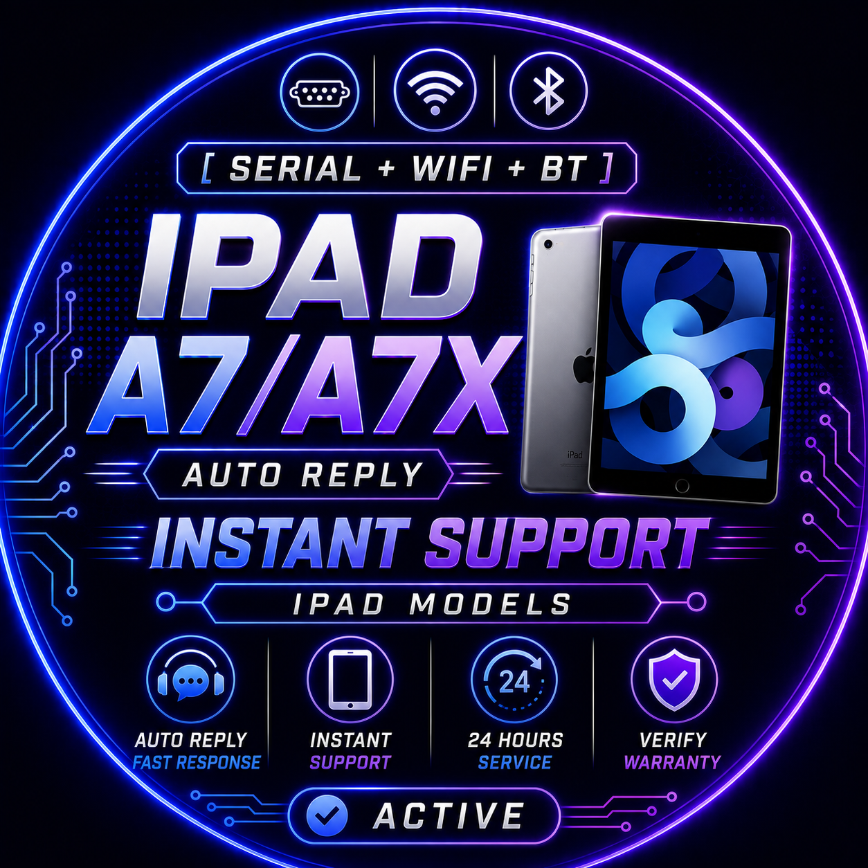[ SERIAL + WIFI + BT ] IPAD A7/A7X AUTO REPLY INSTANT SUPPORT IPAD MODELS 24 Hours Verify Warranty Active