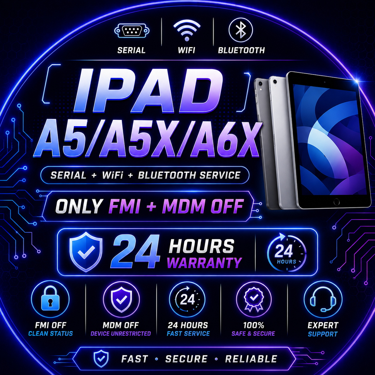 iPad A5/A5X/A6X Serial + WiFi + Bluetooth Service ( Only FMI + MDM OFF 24 HOURS WARRANTY )