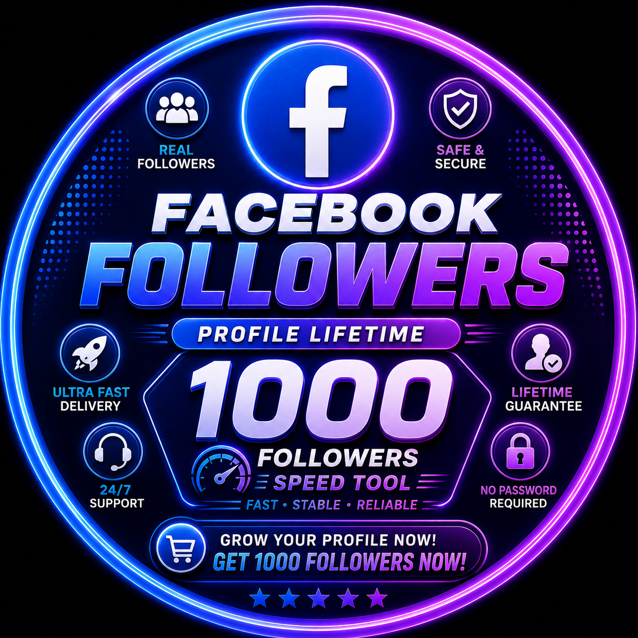 Facebook Followers Profile Lifetime 1000 Followers Speed: 1-5K/Day Max 100K (1 QNT1k Followers)