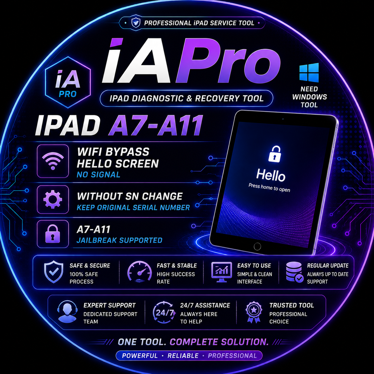 iAPro WIFI Bypass Hello Screen No Signal Without SN Change A7-A11 Jailbreak Need Windows Tool